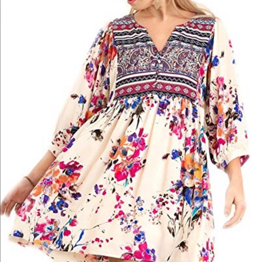 Umgee V Neck Floral Peasant Dress